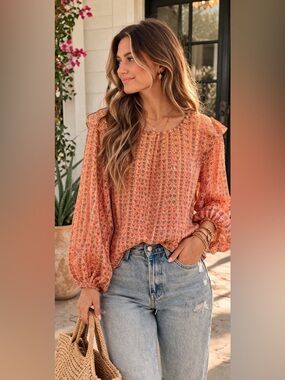 94 W5 Boho Peasant Blouse Metallic Orange Pink Sheer Top Balloon Sleeve Size S